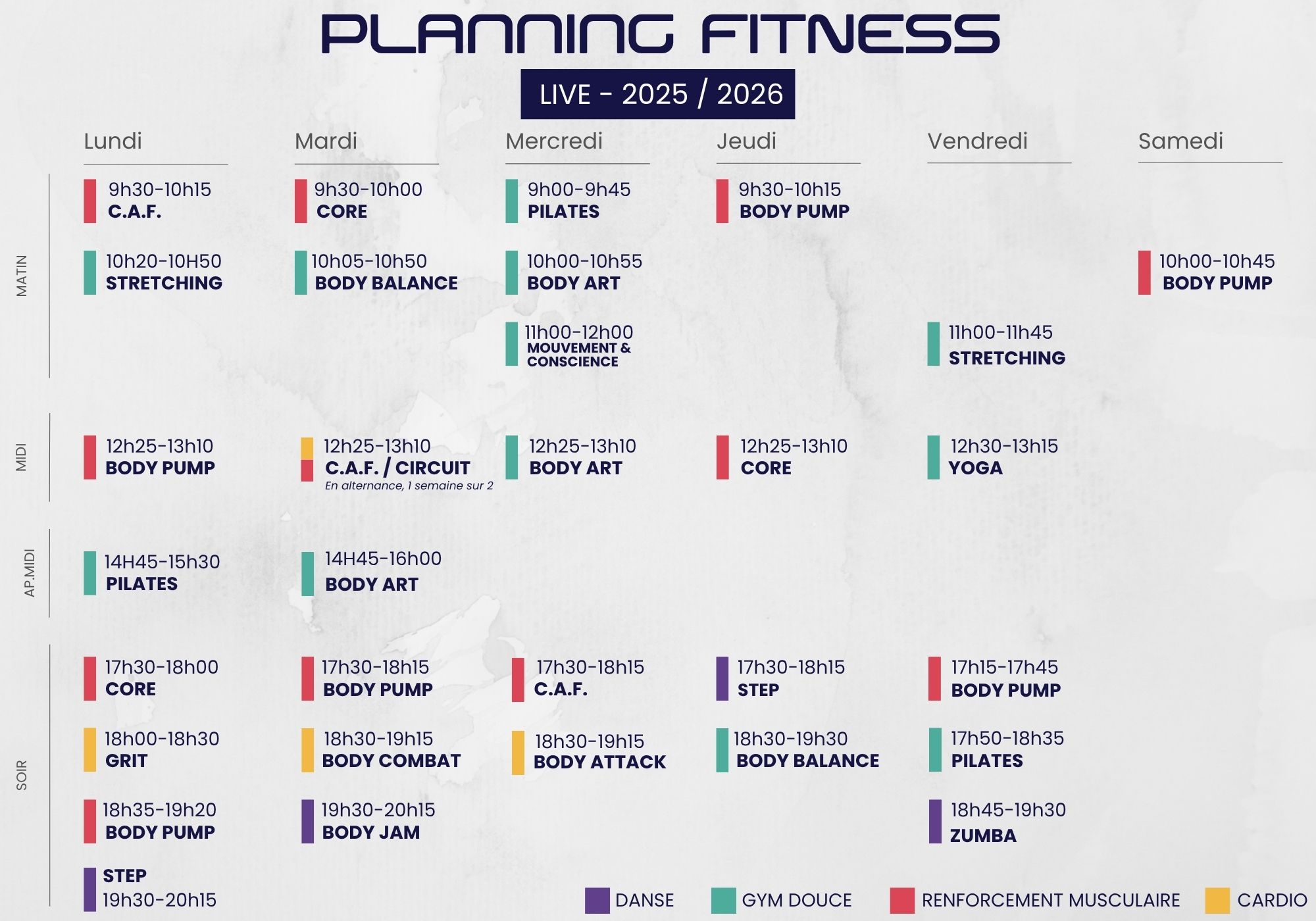 Planning Fitness à Olympe Fitness
