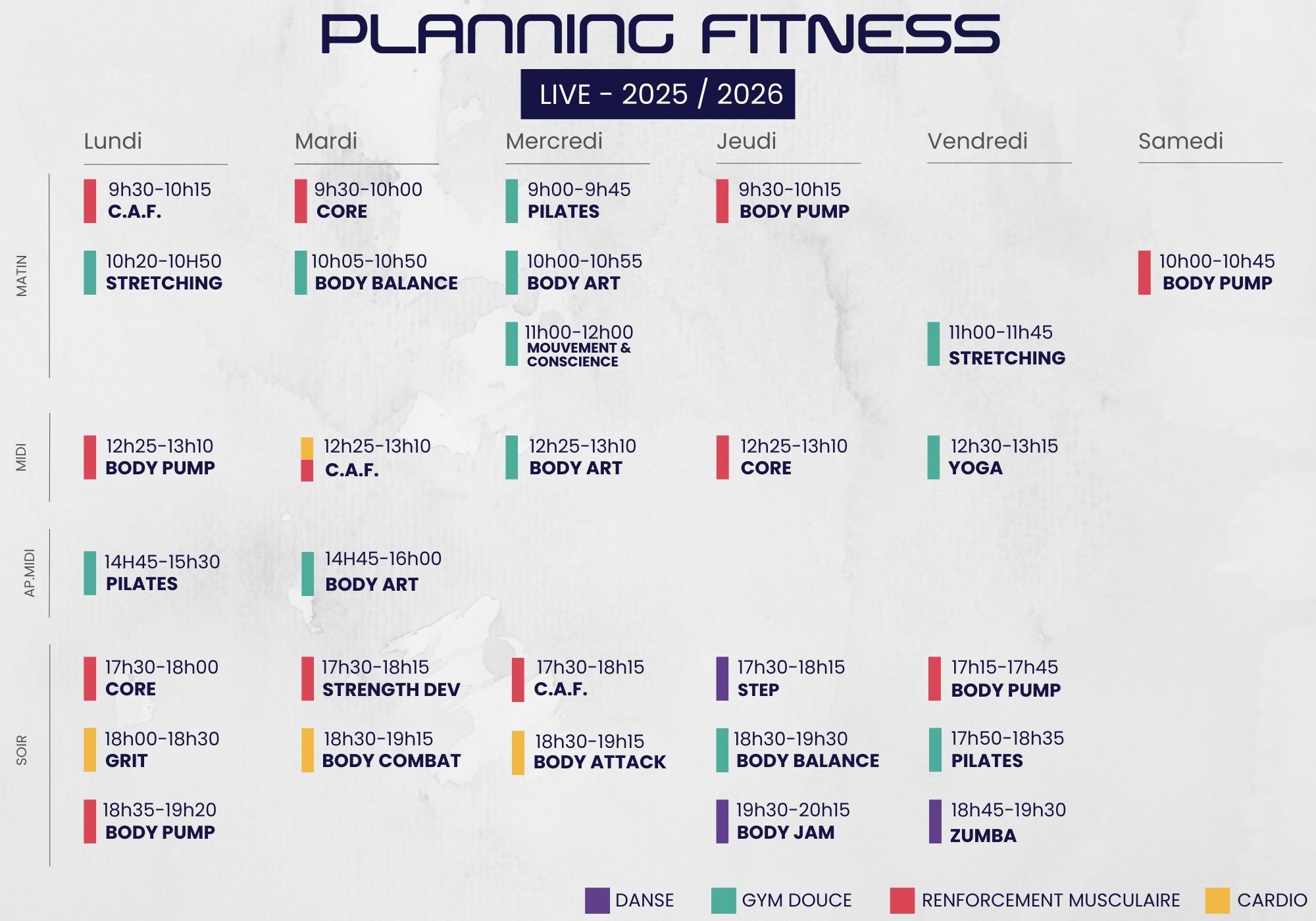 Planning Fitness à Olympe Fitness