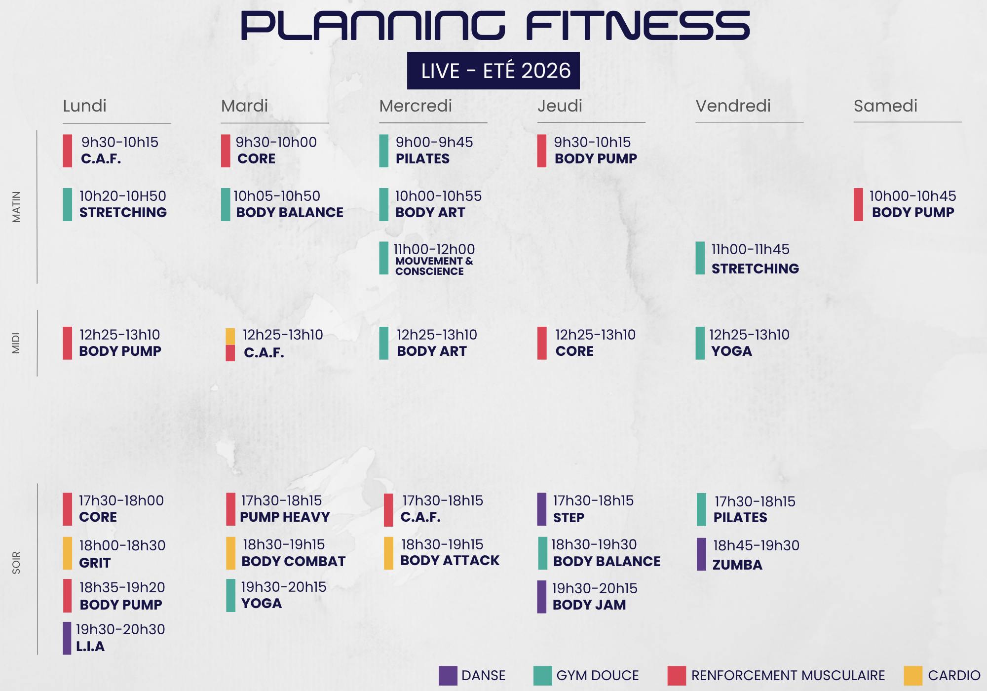 Planning Fitness à Olympe Fitness